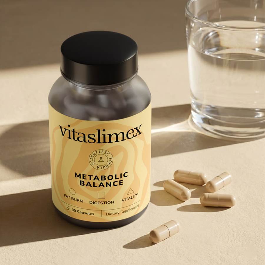 Vitaslimex Flasche mit Kapseln und einem Glas Wasser